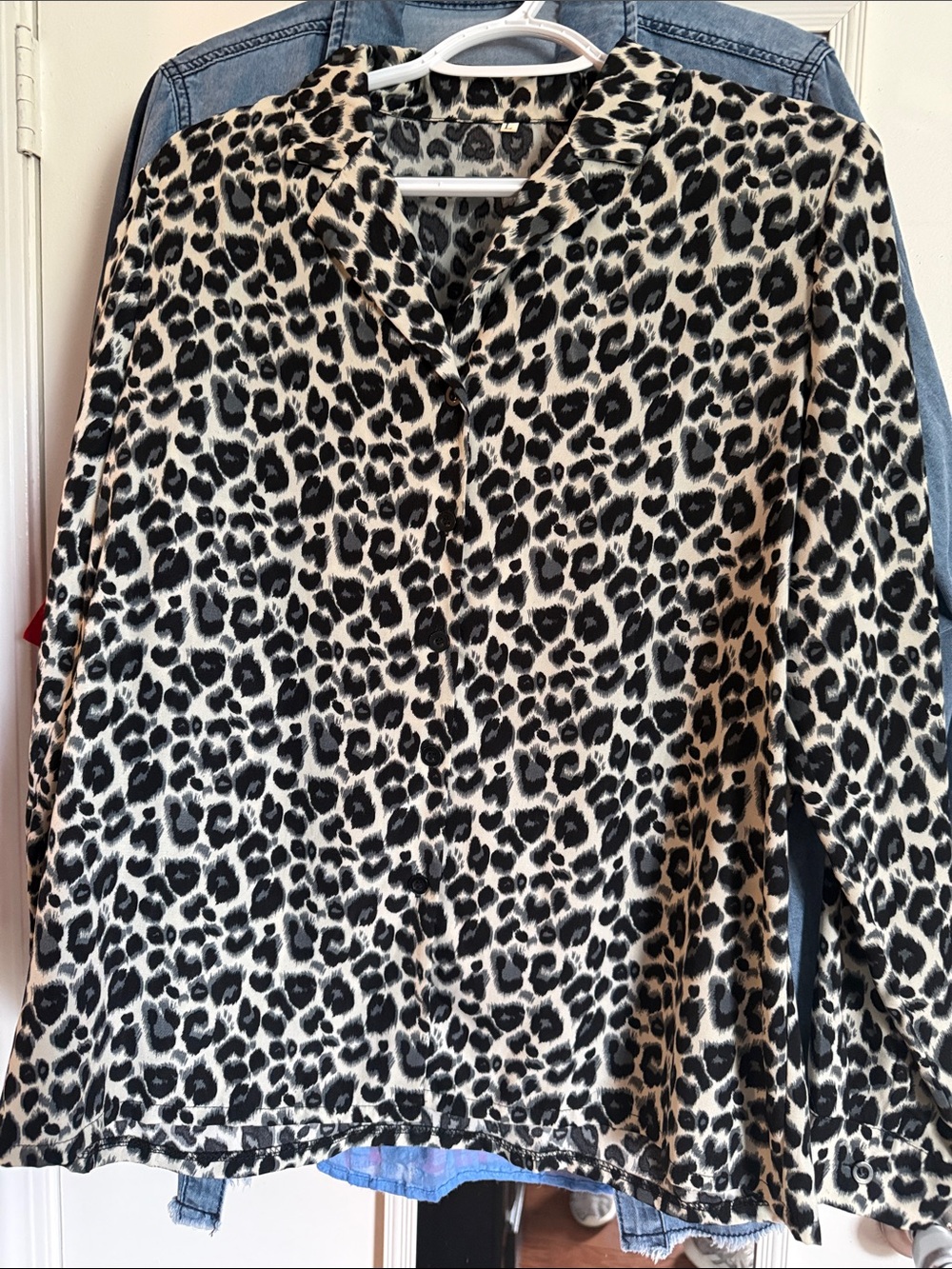 Leopard Print Button-Up Blouse in Black, gray and Cream